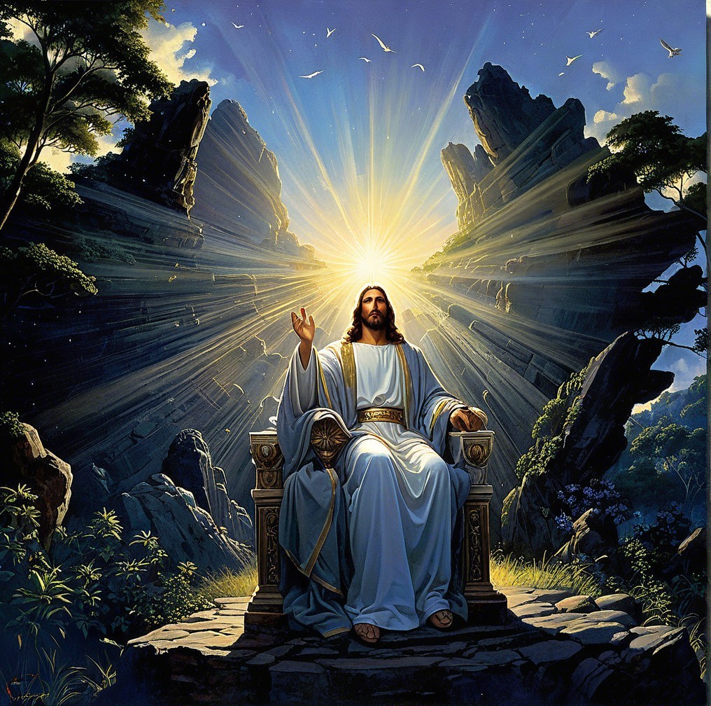 Serene Figure on Throne in Majestic Landscape