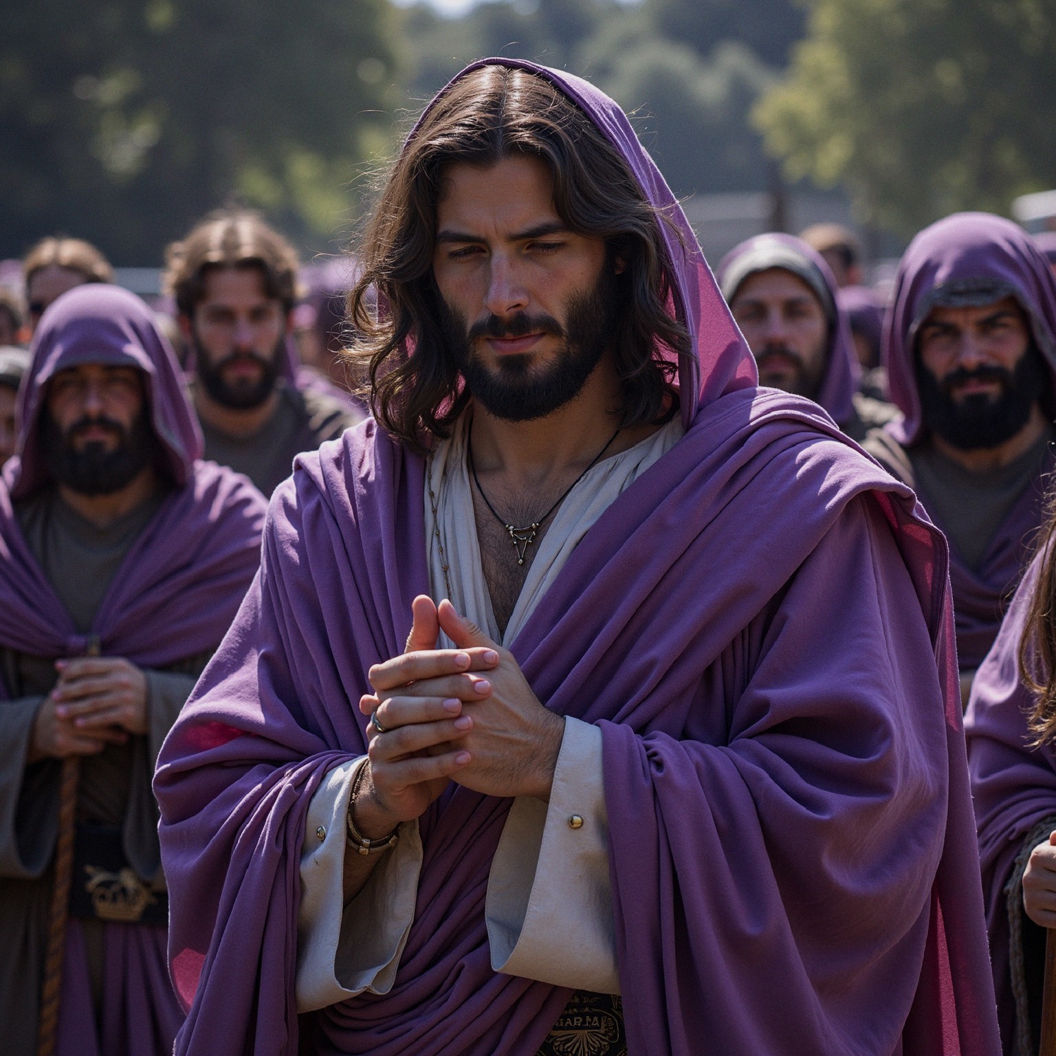 Men in Purple Robes Gather in Sunlit Outdoor Setting