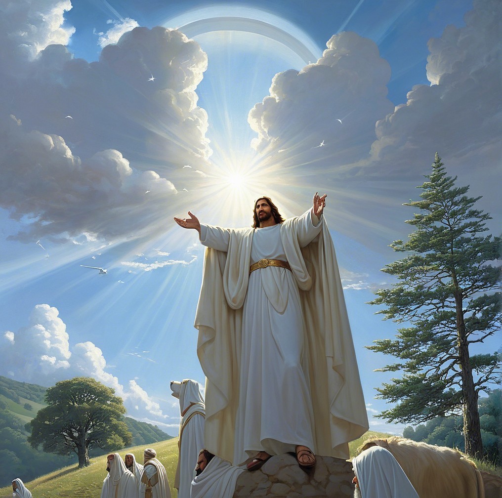 Majestic figure in white robes on rocky base with light