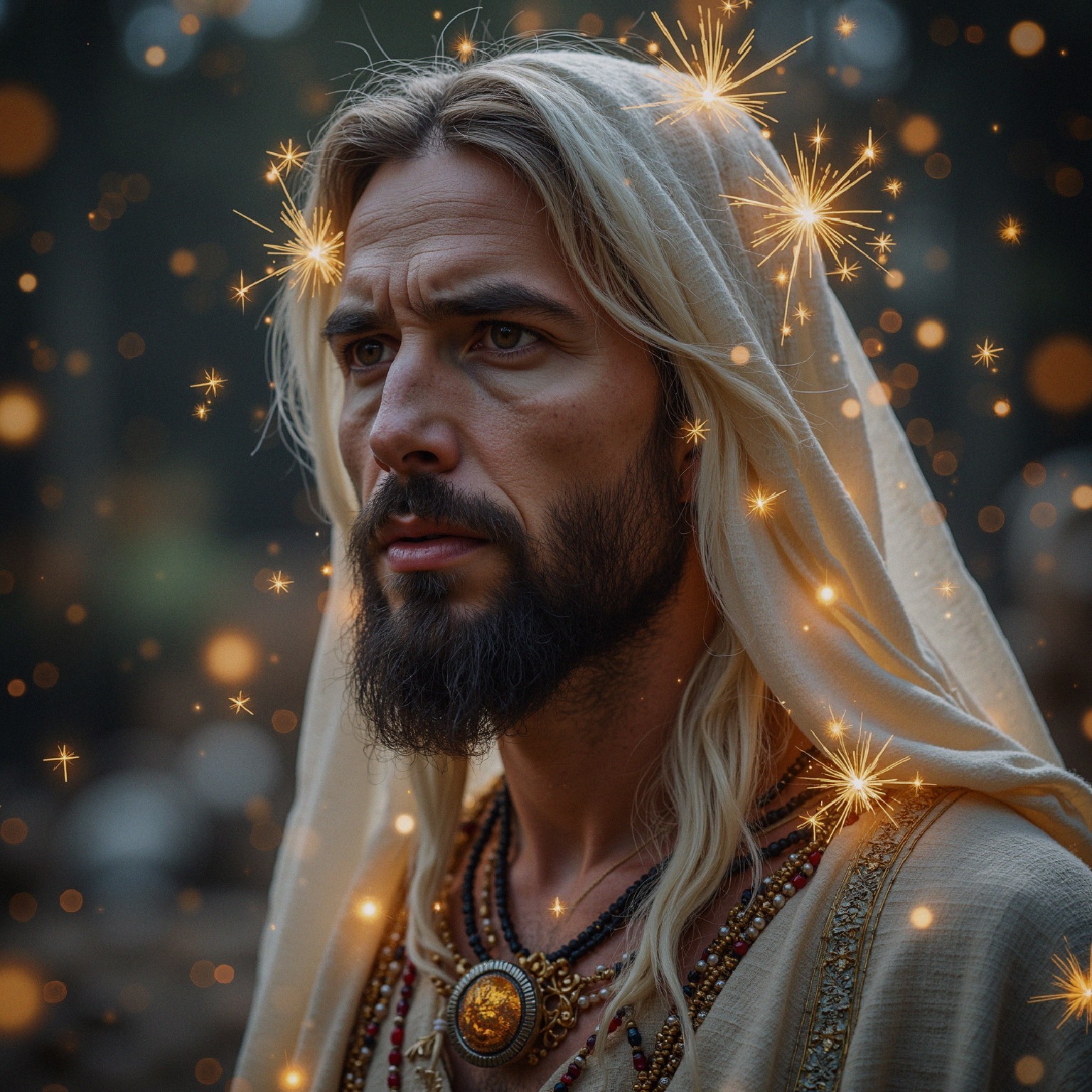 Mystical Man with Blonde Hair in Enchanting Setting