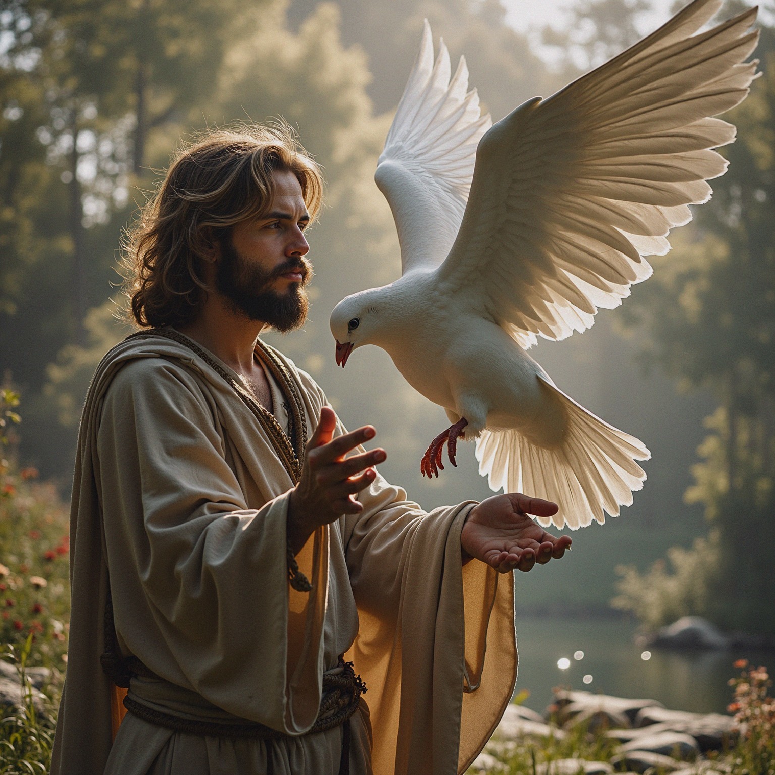 Man with flowing hair in serene natural setting