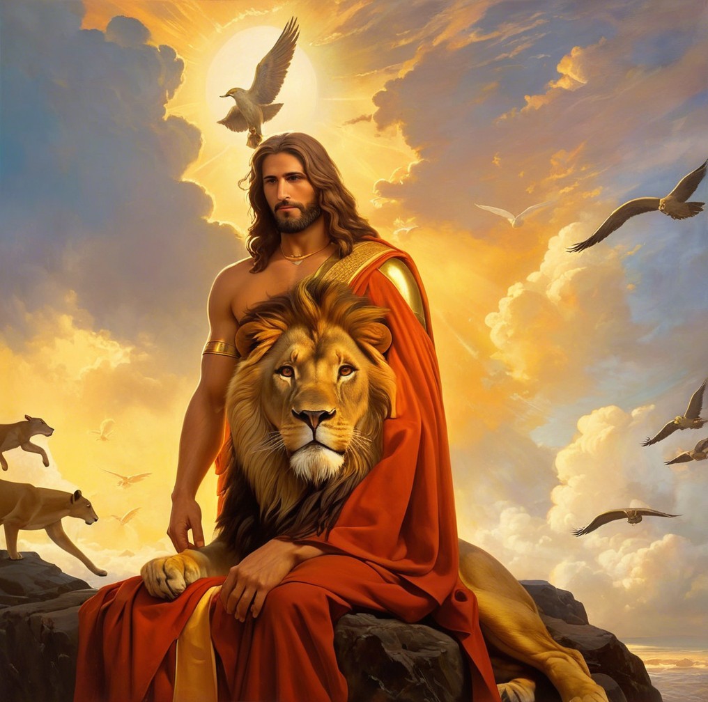 Majestic Figure with Lion Against Radiant Sky