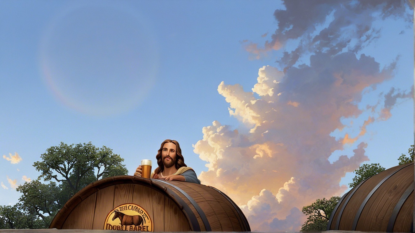 Animated Bearded Man on Barrel with Beer and Nature