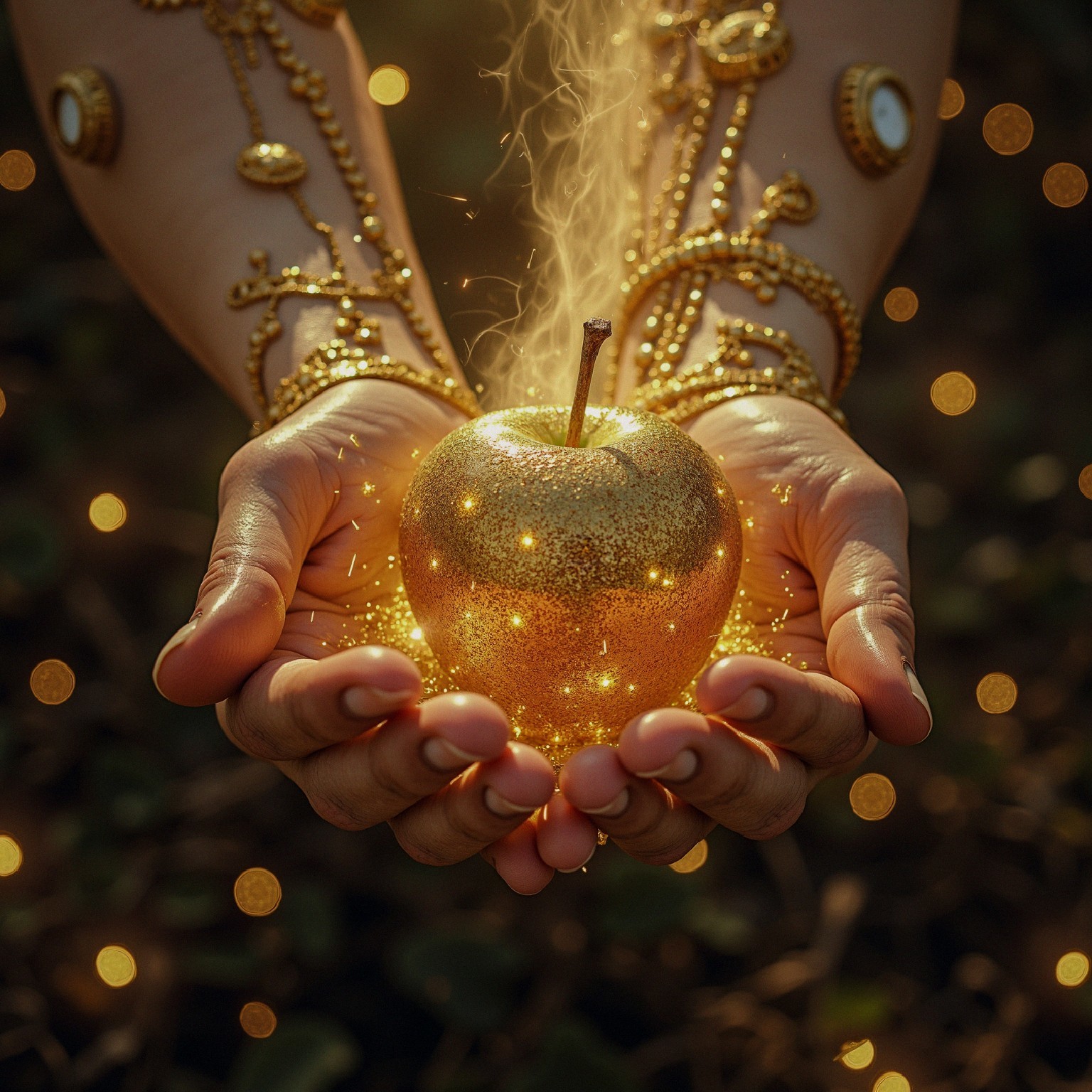 Golden Apple Cradled by Adorned Hands in Bokeh Light