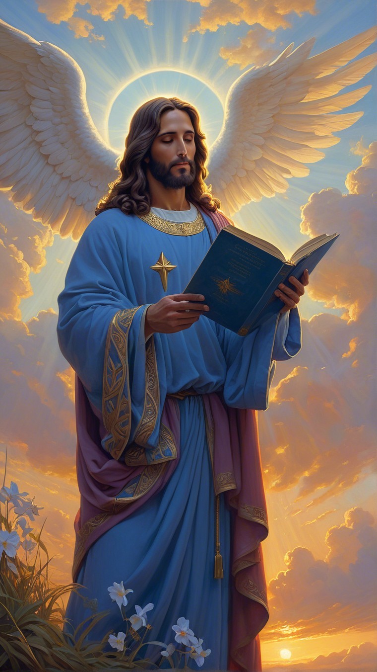 Angelic Figure in Blue Robe Against Radiant Sky