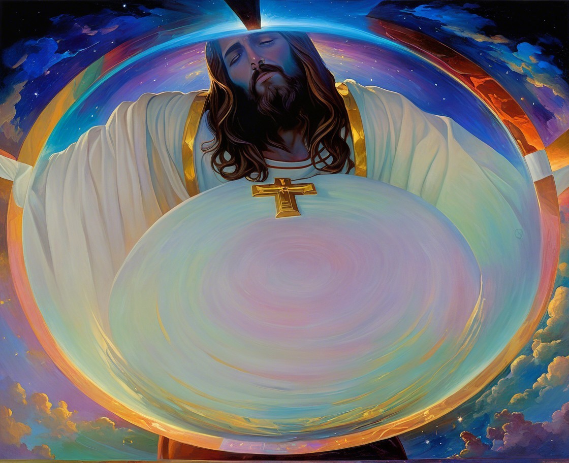 Serene figure in white and gold robes within colorful orb