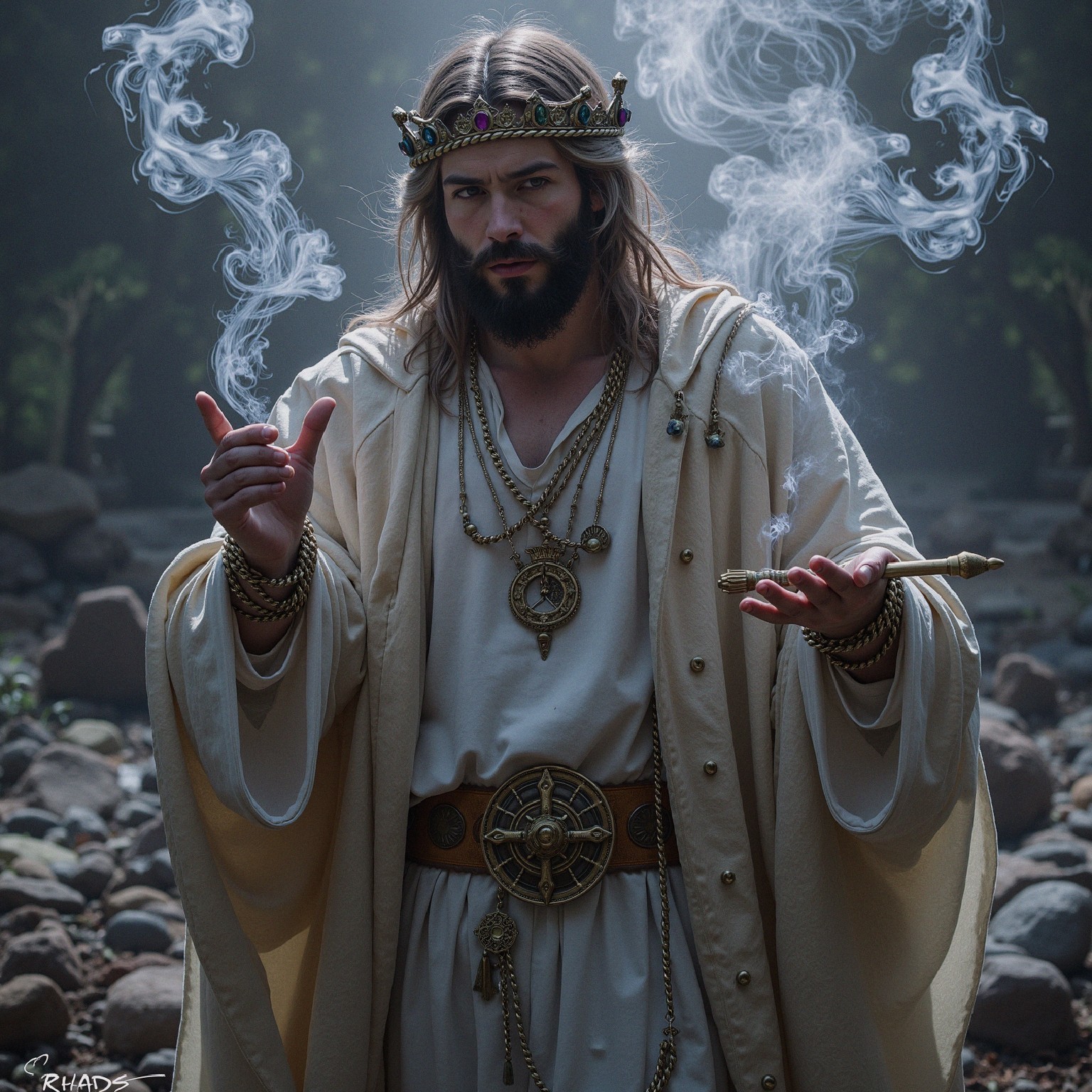 Regal Figure in Foggy Enchanted Forest with Staff