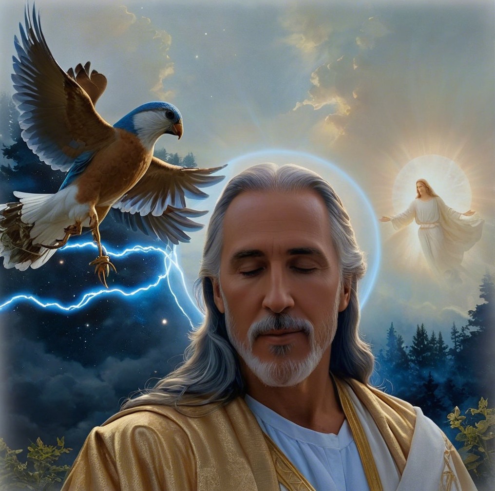 Serene male figure in golden robes with dramatic skies