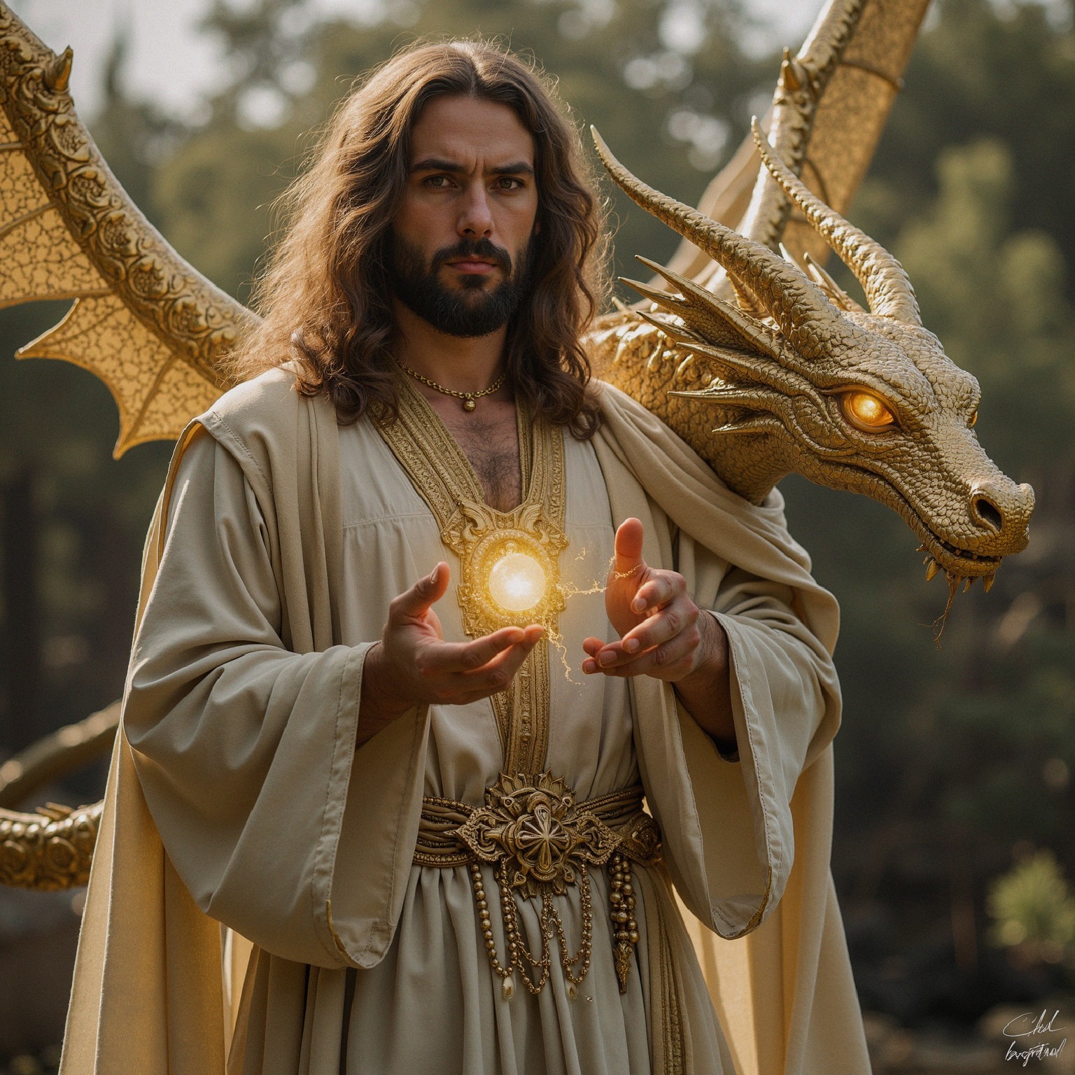 Mystical figure with orb and golden dragon in woods