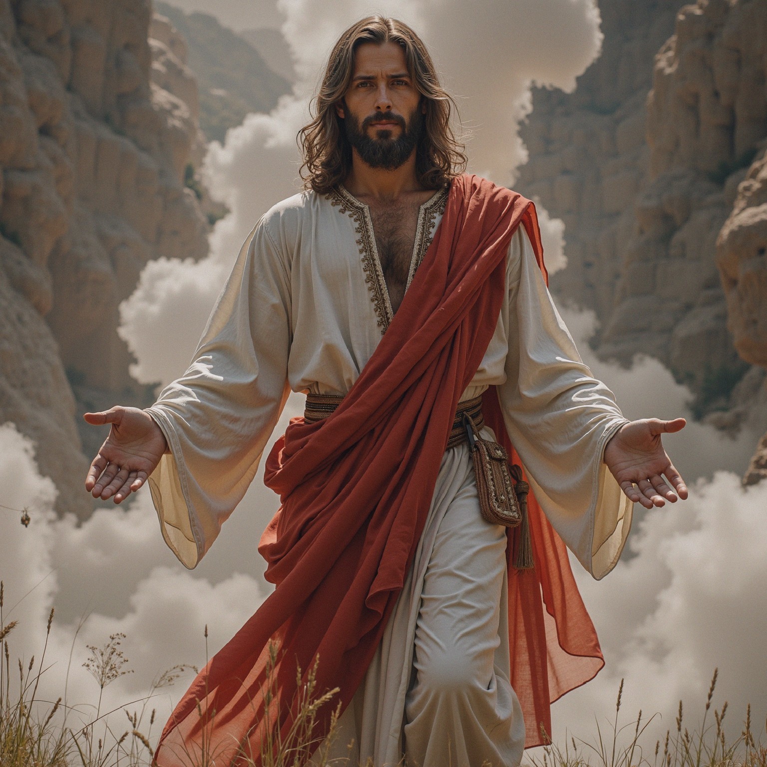 Serene Figure in Flowing Robes Amidst Dramatic Landscape