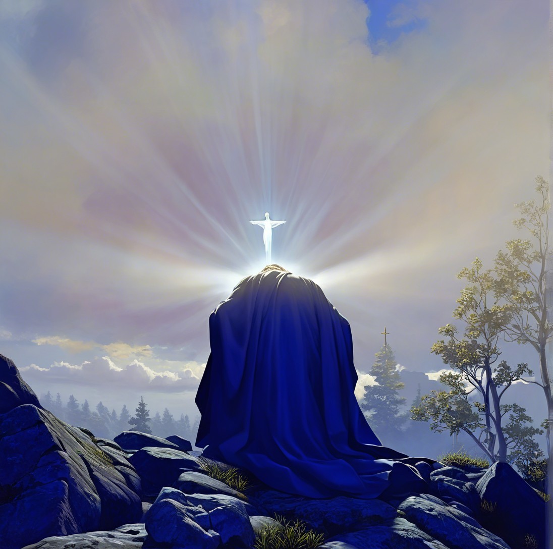 Oil Painting of Kneeling Figure at Sunrise