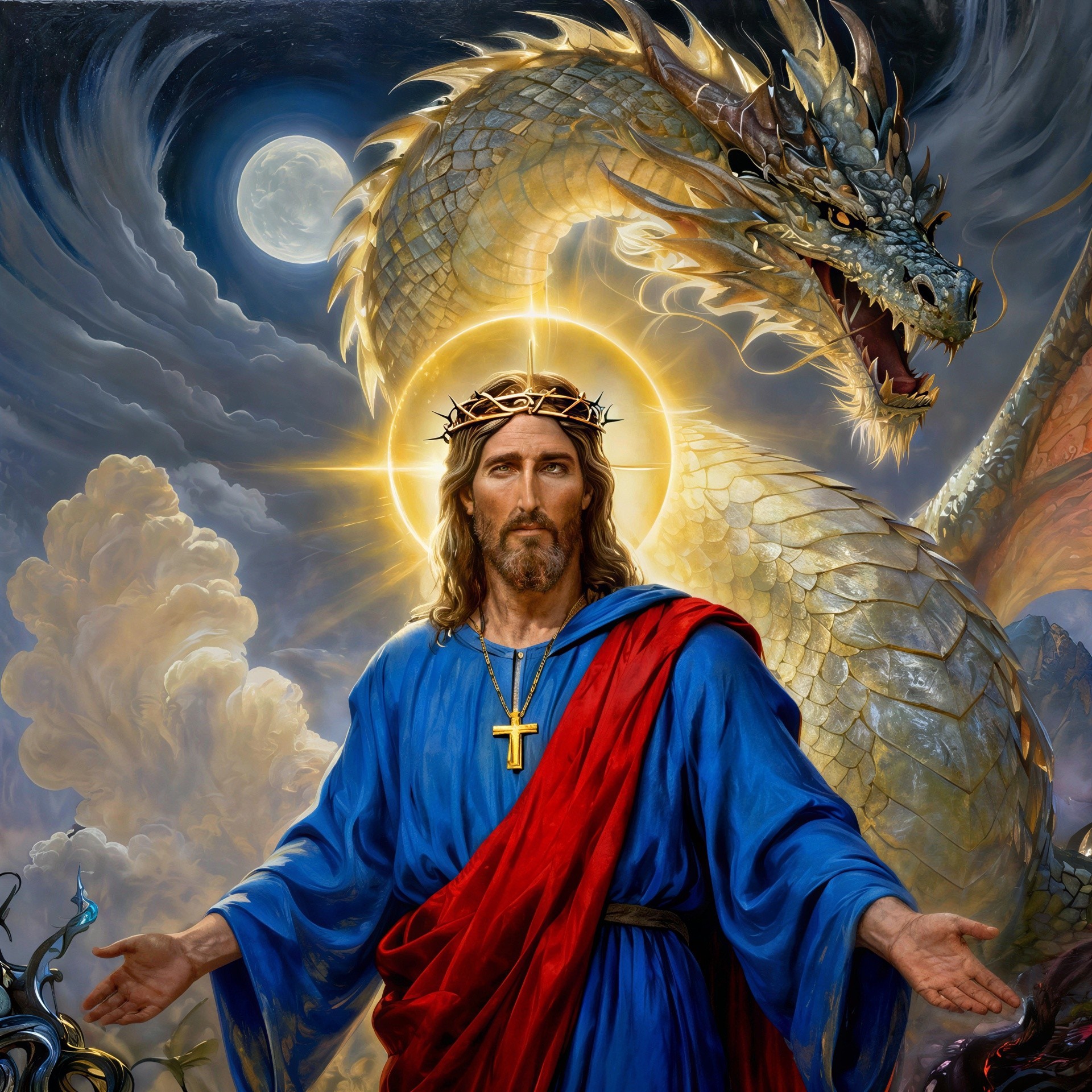 Jesus Christ in Robe with Dragon and Full Moon Background