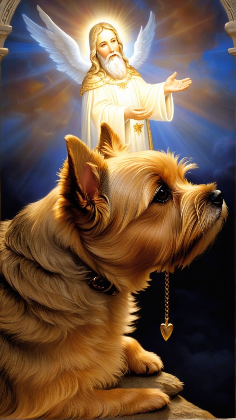 Golden-haired dog in profile with celestial figure