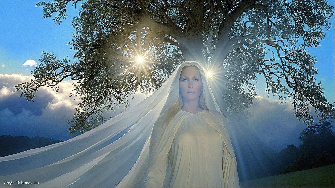 Serene figure in white robes by a majestic tree