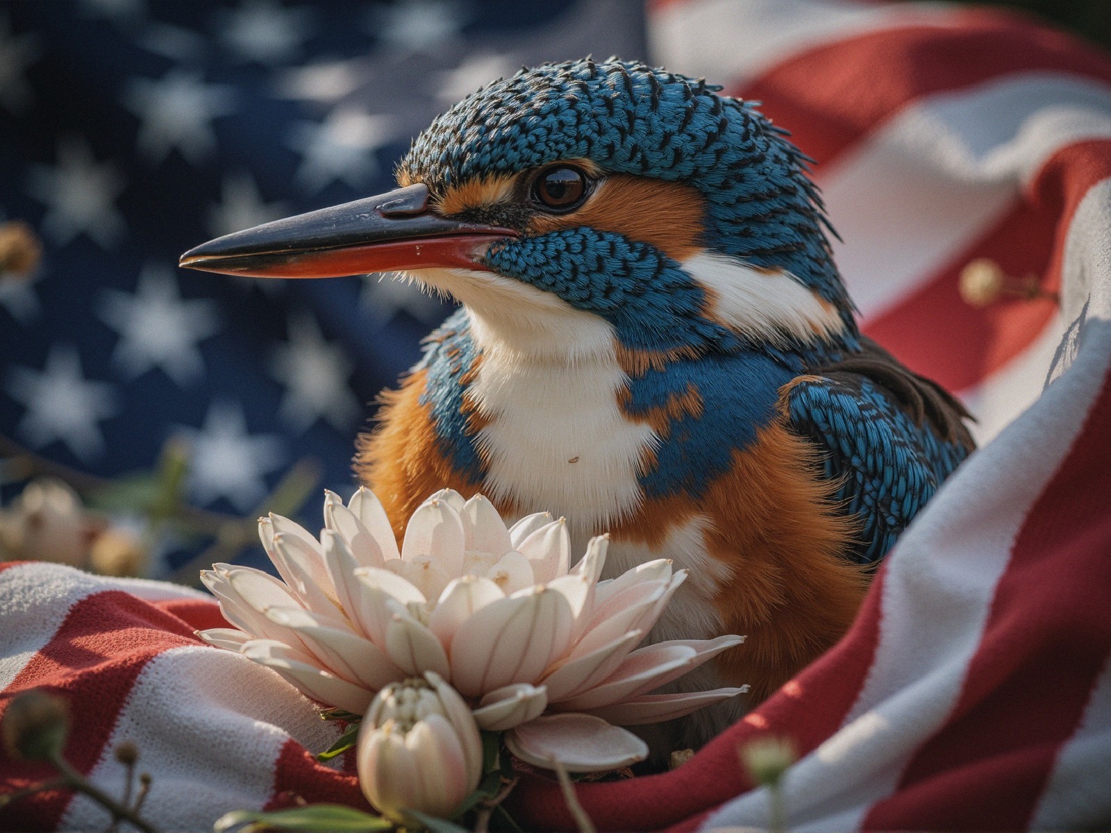 Kingfisher Among Lotus Flowers and American Flag Colors