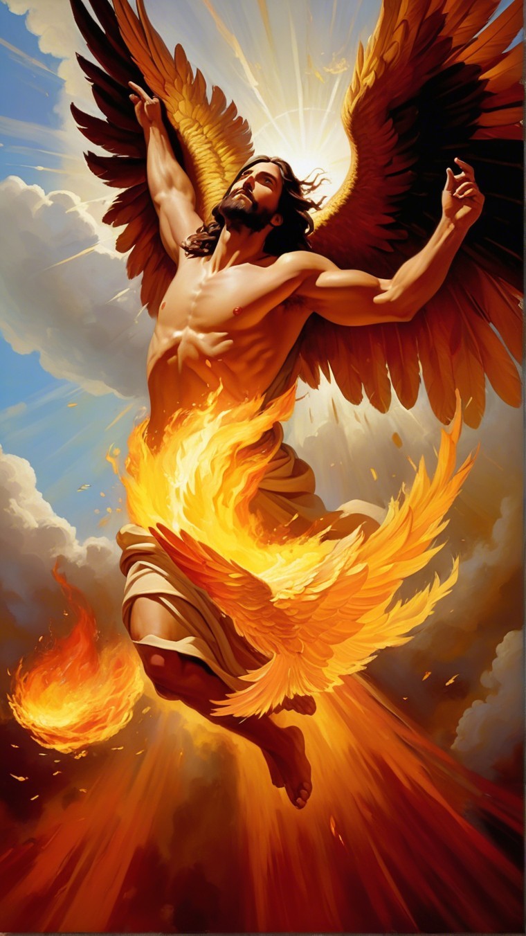 Radiant figure with fiery wings in a cloud backdrop