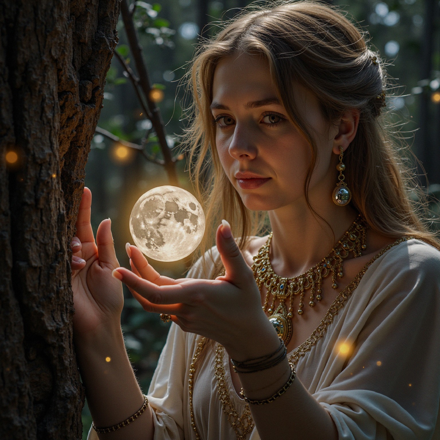 Young woman in mystical forest with glowing moon orb