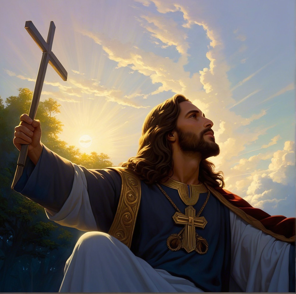 Serene Jesus Christ Figure with Cross at Sunrise