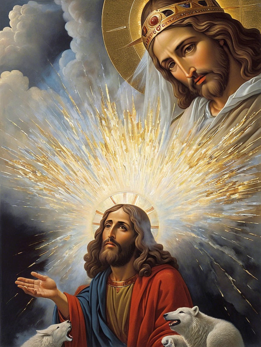 Jesus in Divine Scene with Celestial Figure and Wolves