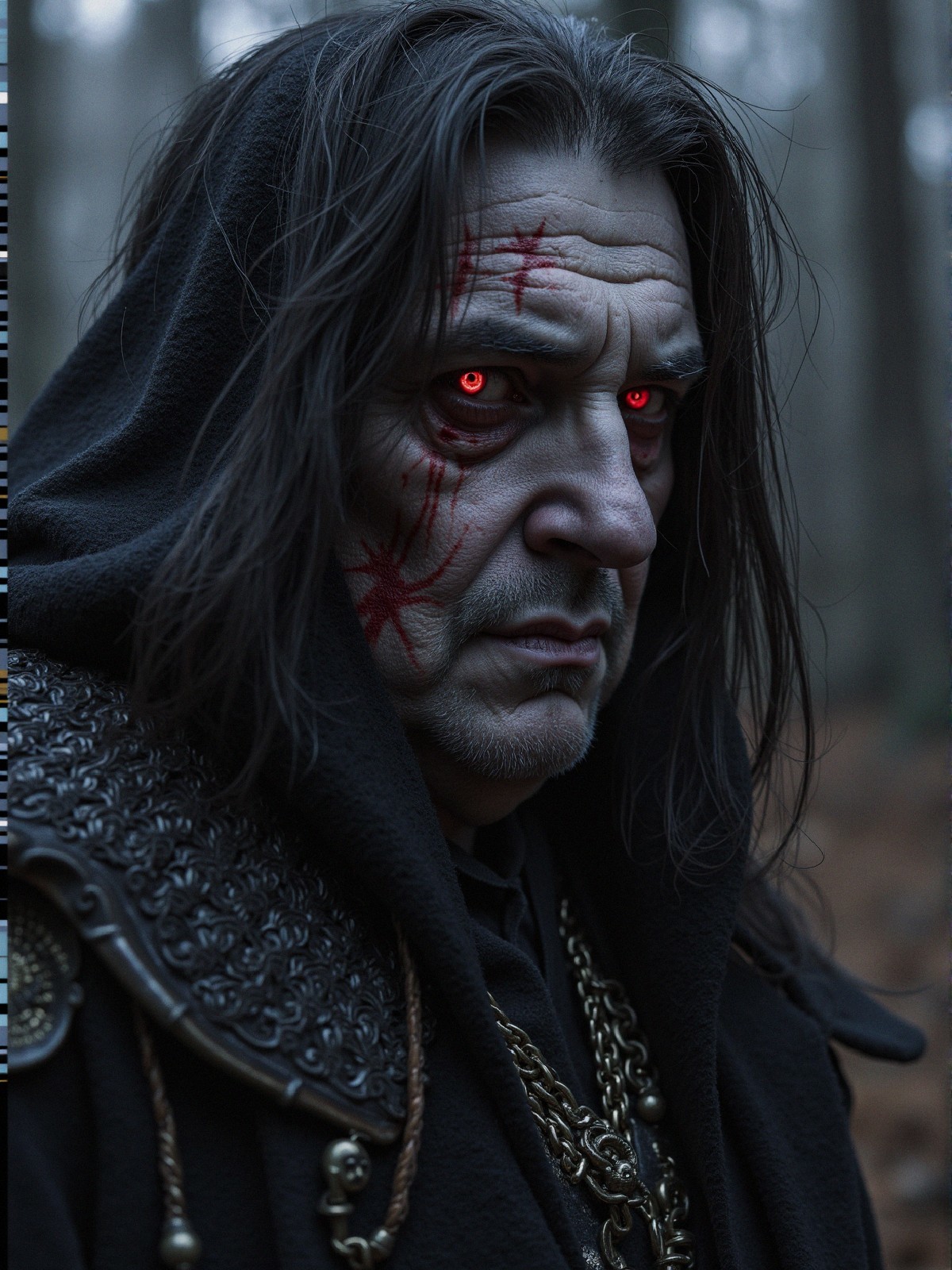 Cloaked Figure with Red Eyes in Shadowy Forest