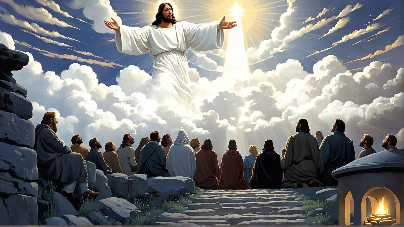 Jesus Surrounded by Followers in a Majestic Scene