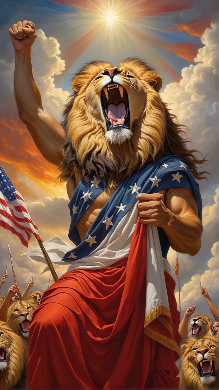 Anthropomorphic lion with American flag and crowd of lions