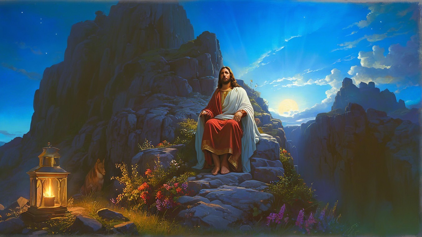 Serene Scene with Figure in Flowing Robes and Lantern