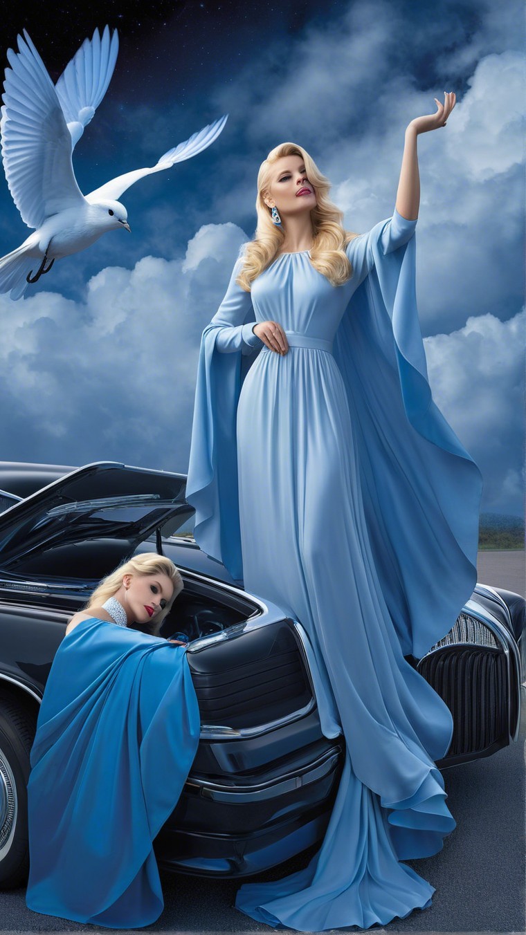 Elegant Woman in Blue Gown Beside Black Car