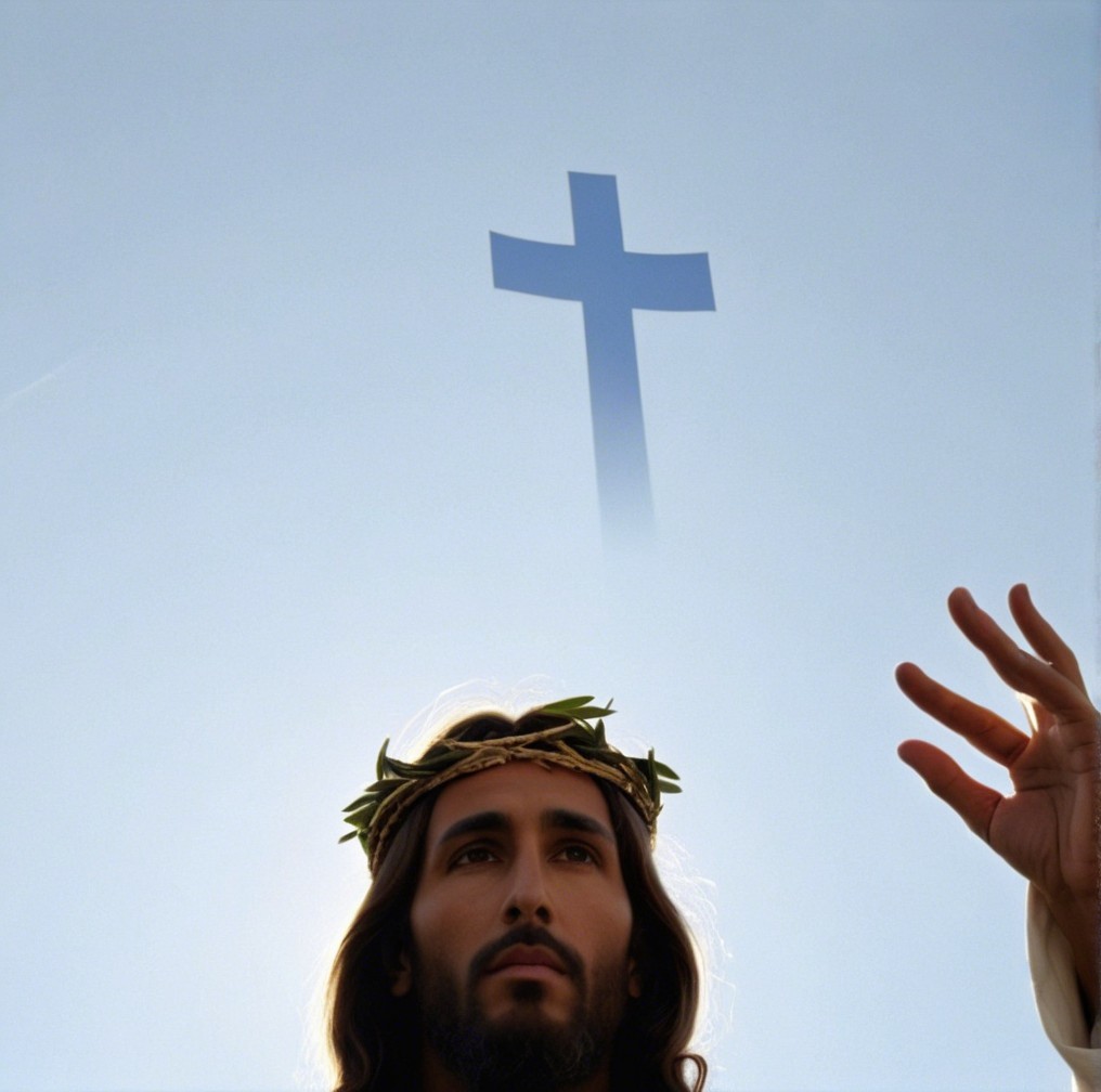 Biblical Figure with Crown of Thorns and Cross in Sky