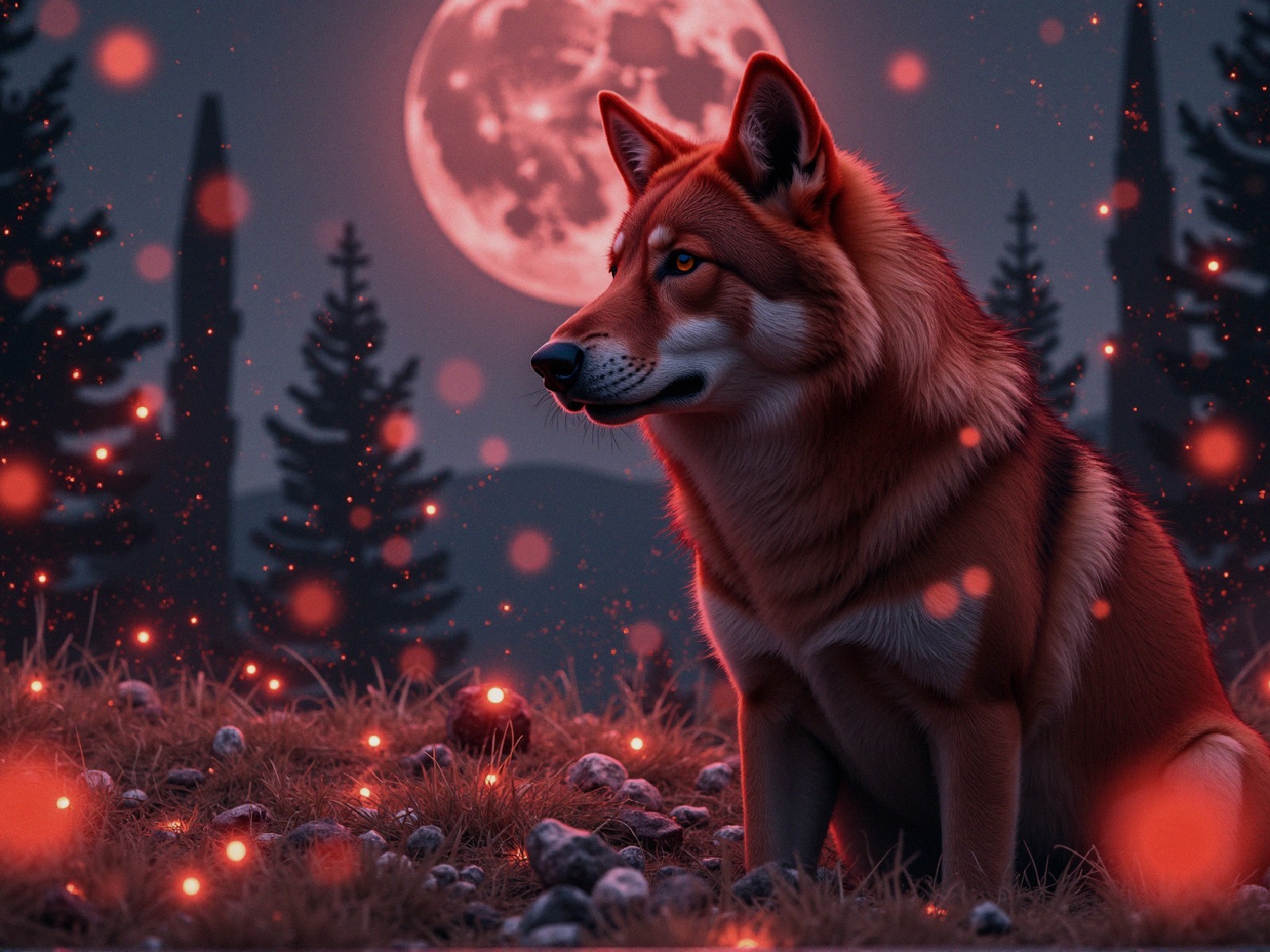Wolf Under Full Moon in Enchanted Night Landscape