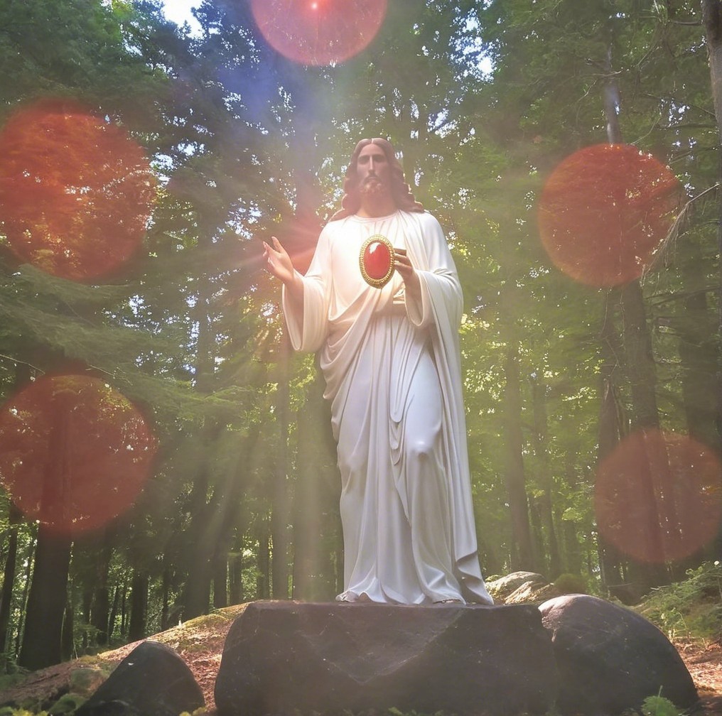 Serene Jesus Statue in Lush Forest Setting