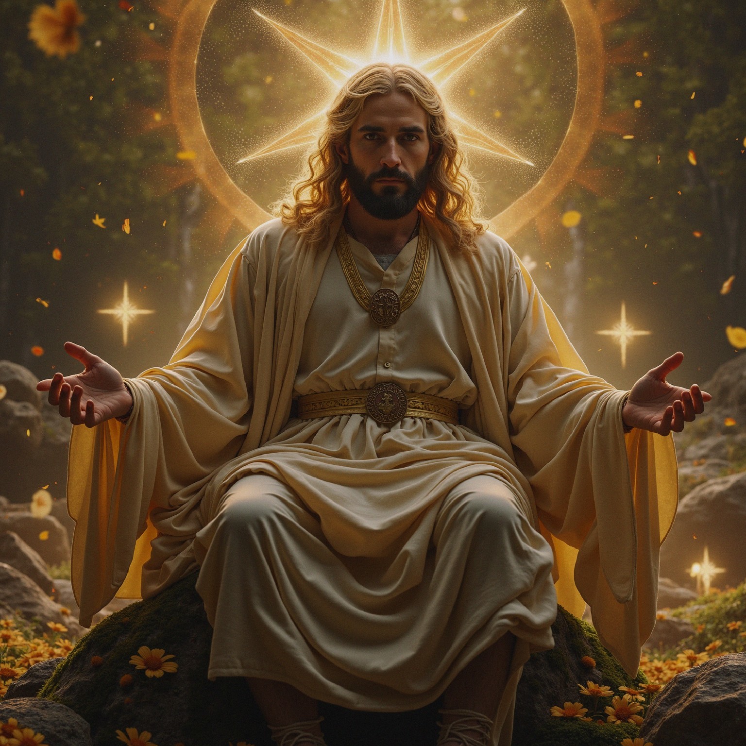 Serene Figure in Golden Robe Surrounded by Nature