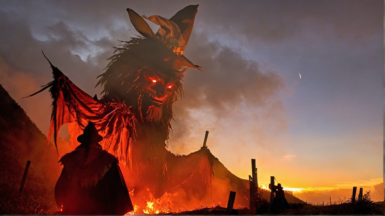 Ominous Figure Against Sunset with Hooded Observer