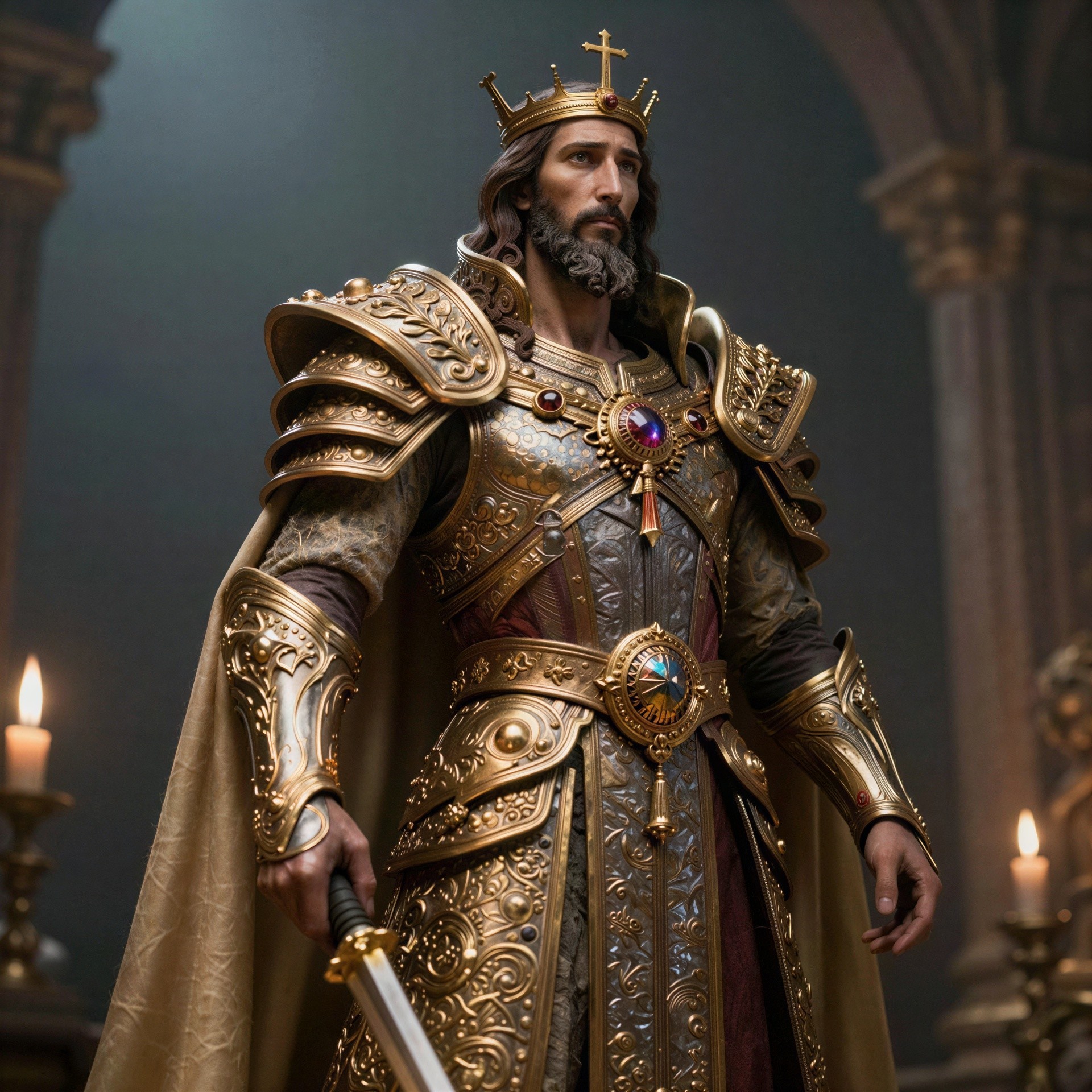Solemn King in Ornate Golden Armor with Sword