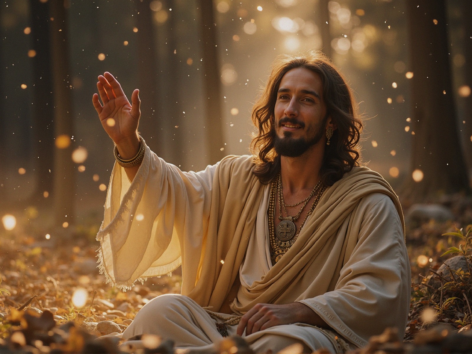 Tranquil Forest Scene with Serene Figure in Robes