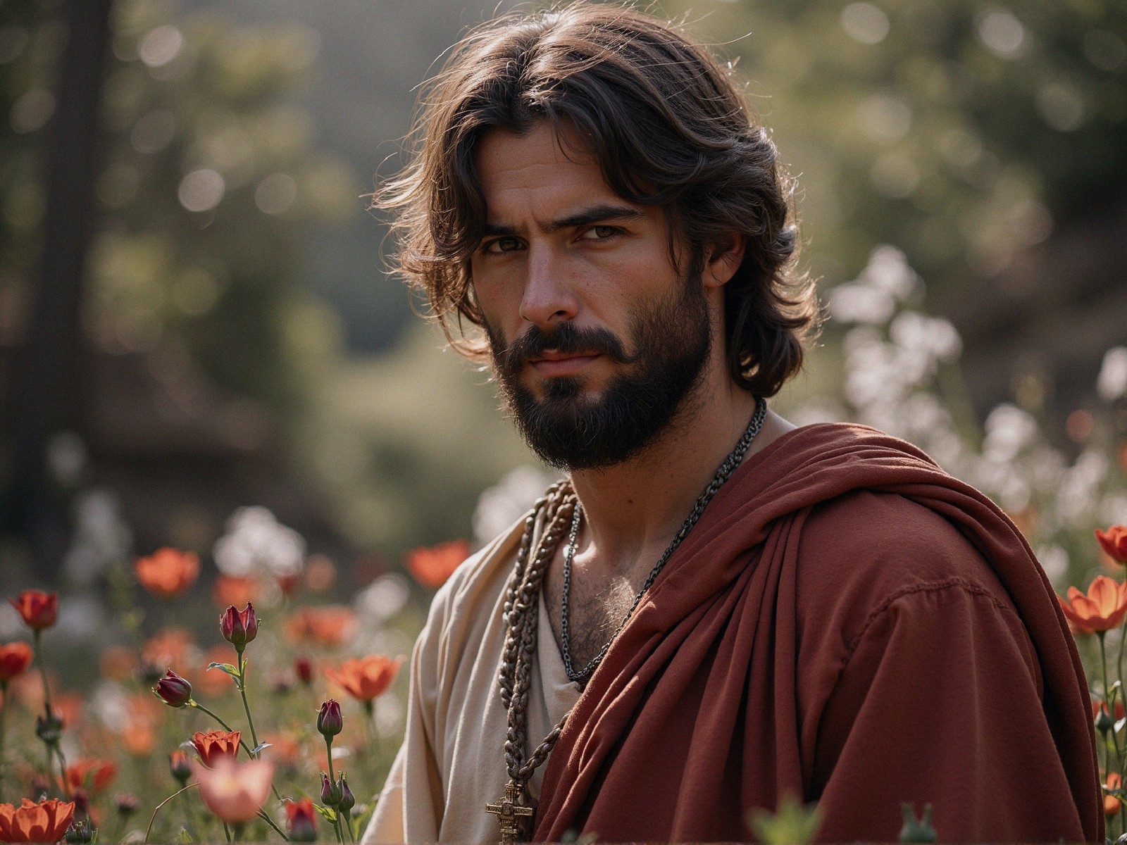 Young man in a flower field with serene expression