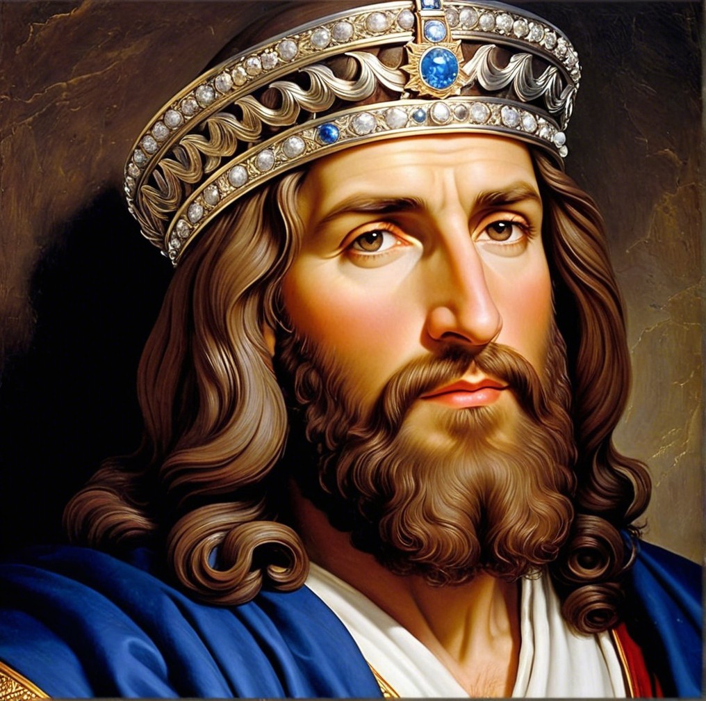 Regal Figure in Blue Robes with Crown and Jewels