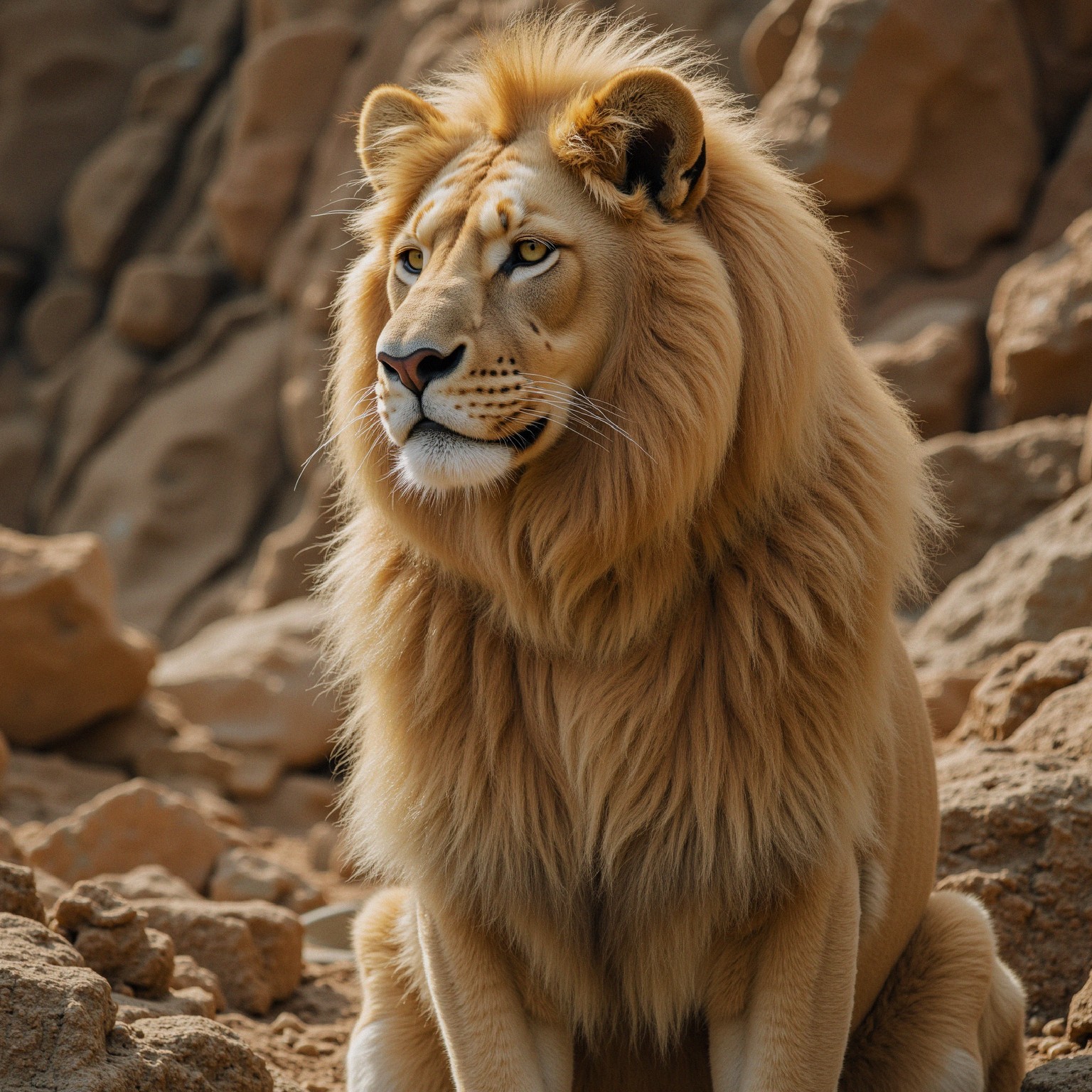 Majestic lion resting on rocky terrain with golden mane