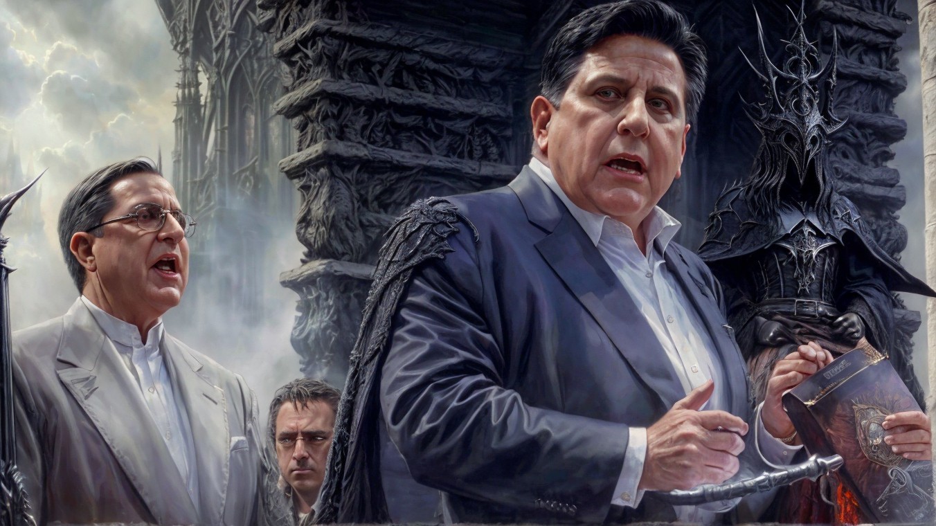 Dramatic Gothic Scene with Central Figure in White Suit