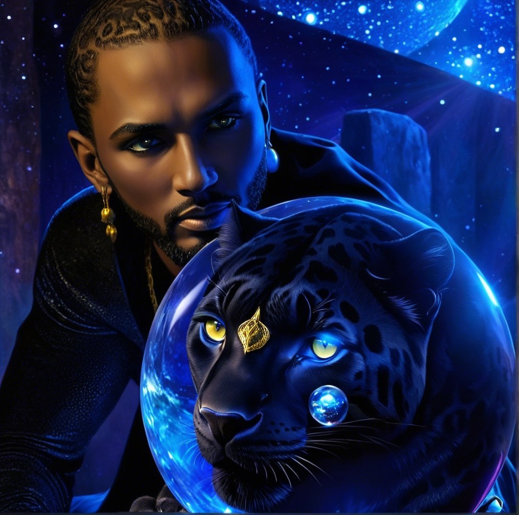 Man with Panther in Cosmic Night Scene