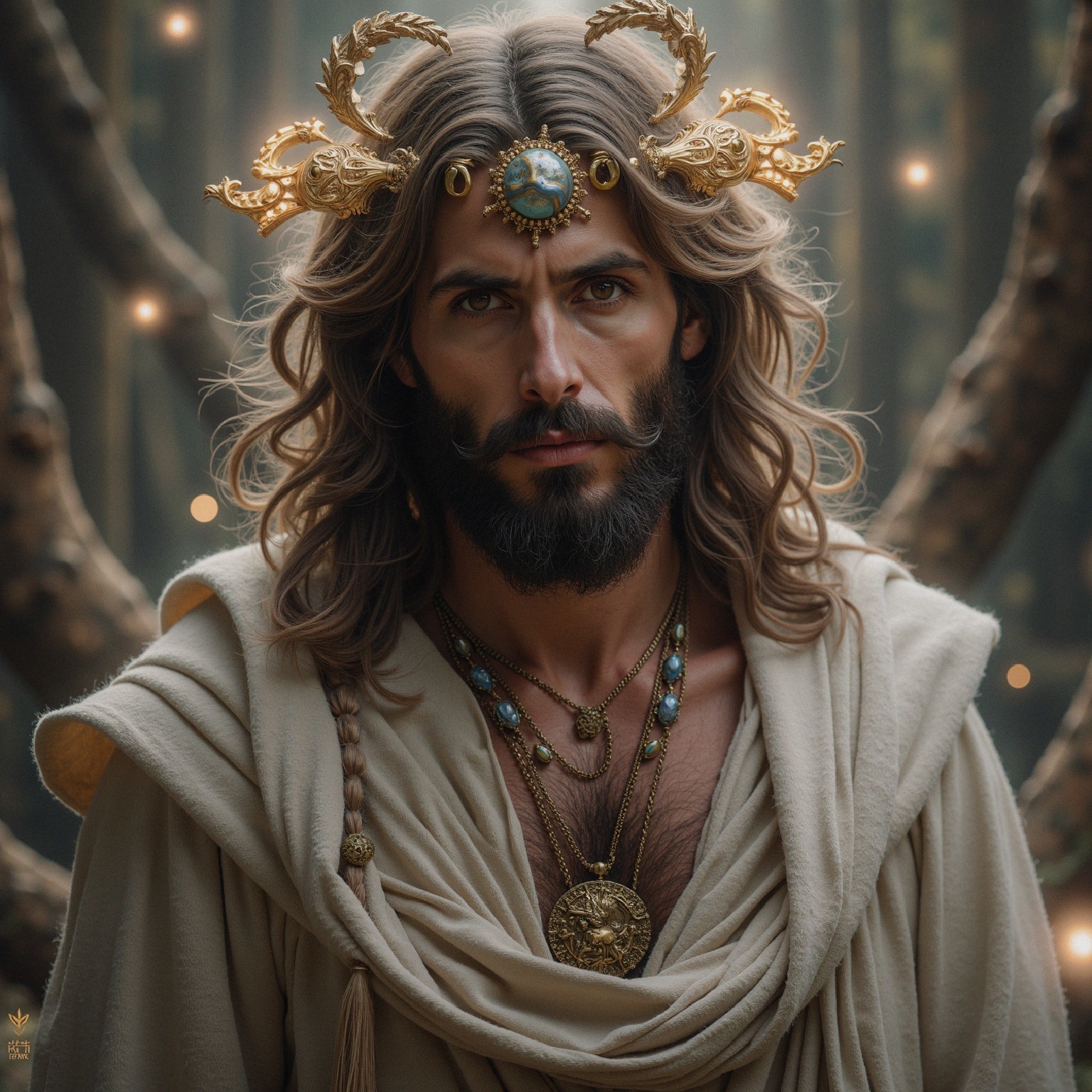 Regal Figure in Majestic Crown and Ethereal Forest