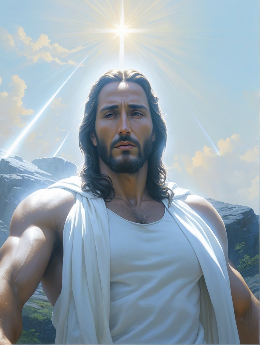 Muscular Figure in White Garment Amid Radiant Light