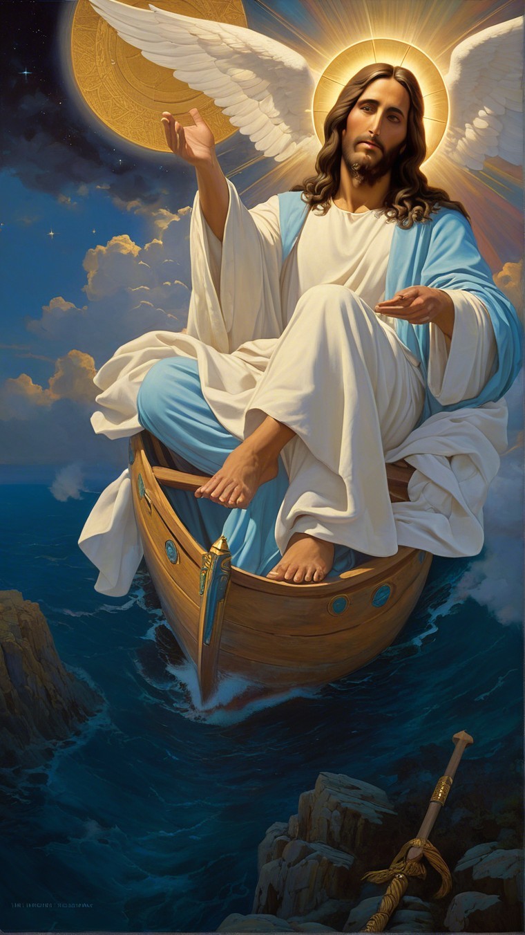 Serene Divine Figure in a Boat Among Turbulent Waves