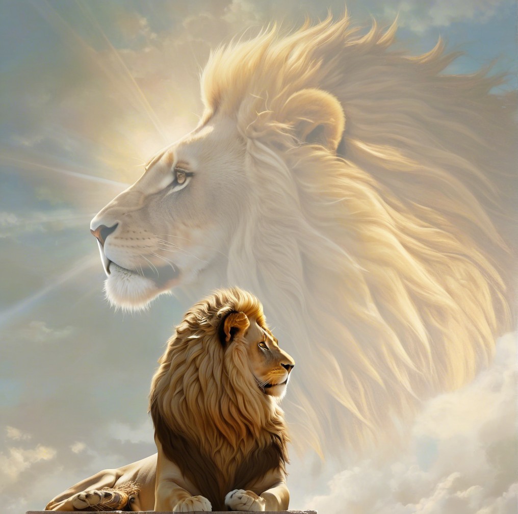 Regal Lion with Ethereal Visage in Dreamlike Scene