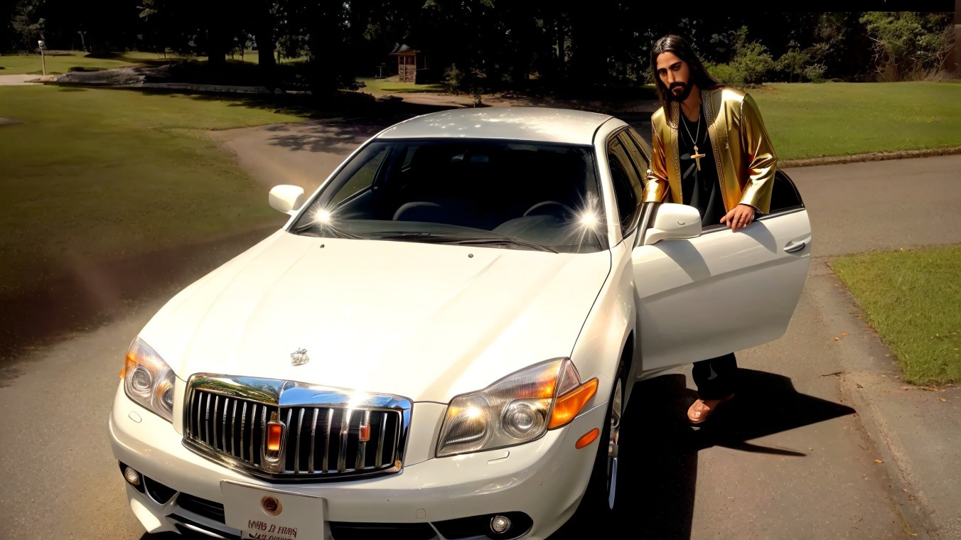 Man in golden jacket beside luxury car in park