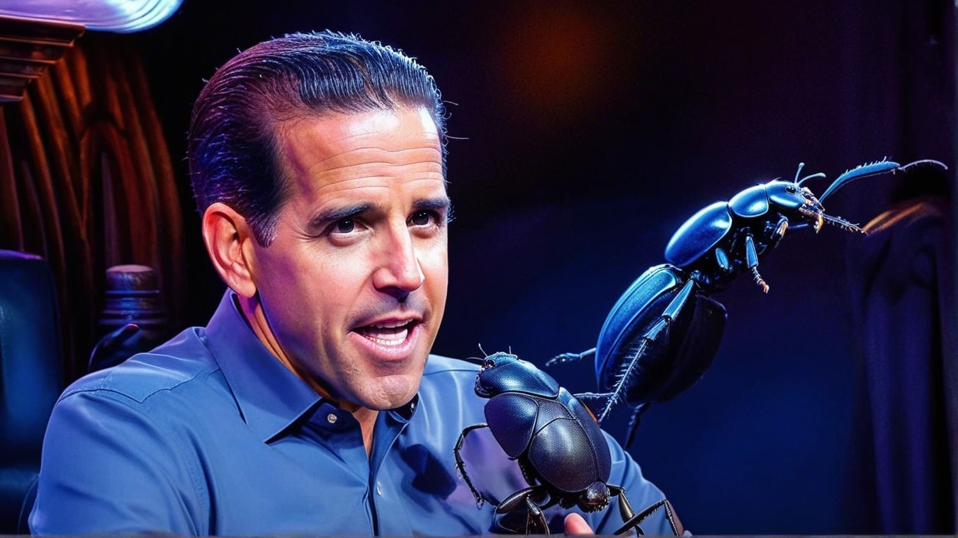 Man in Blue Shirt Holds Large Insect in Theatrical Setting