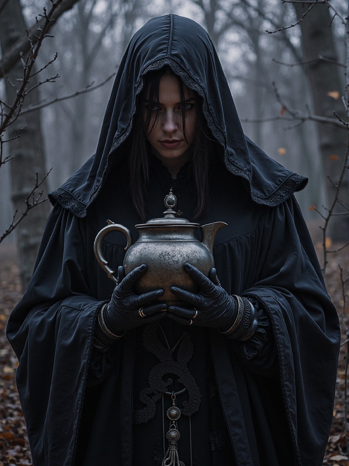 Cloaked Figure in Foggy Forest with Silver Teapot