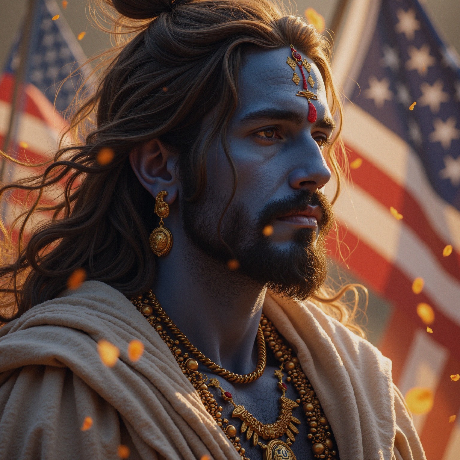 Man with Blue Skin in Traditional Indian Attire