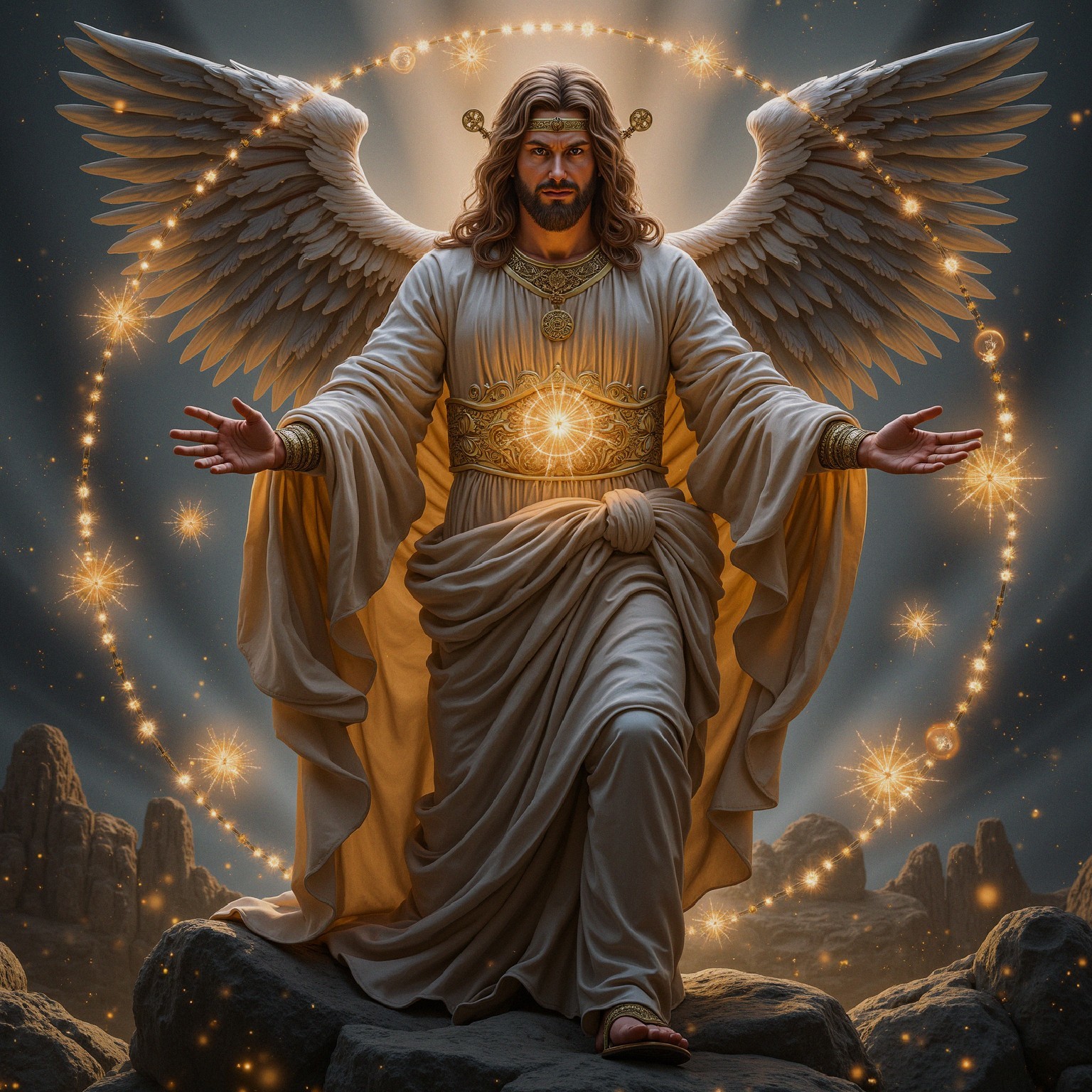 Celestial Figure in White Robes Surrounded by Light