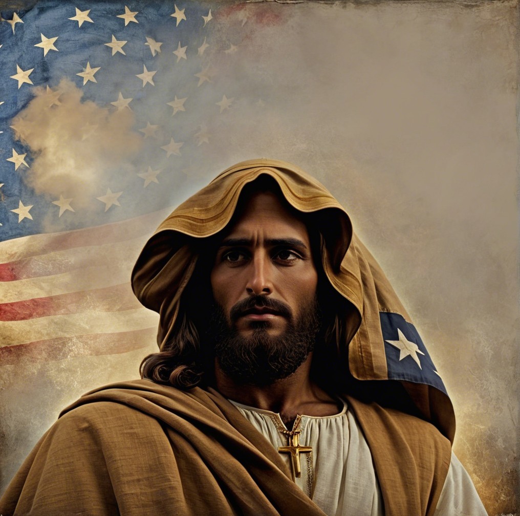 Religious Figure with American Flag Background
